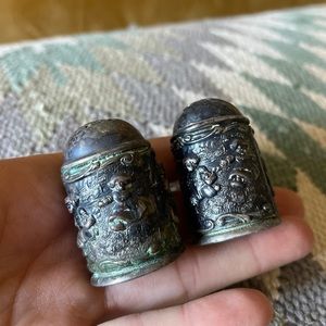 Antique PAYE & BAKER Repoussé pewter DUTCH KIDS SCENES Salt Pepper Shakers.